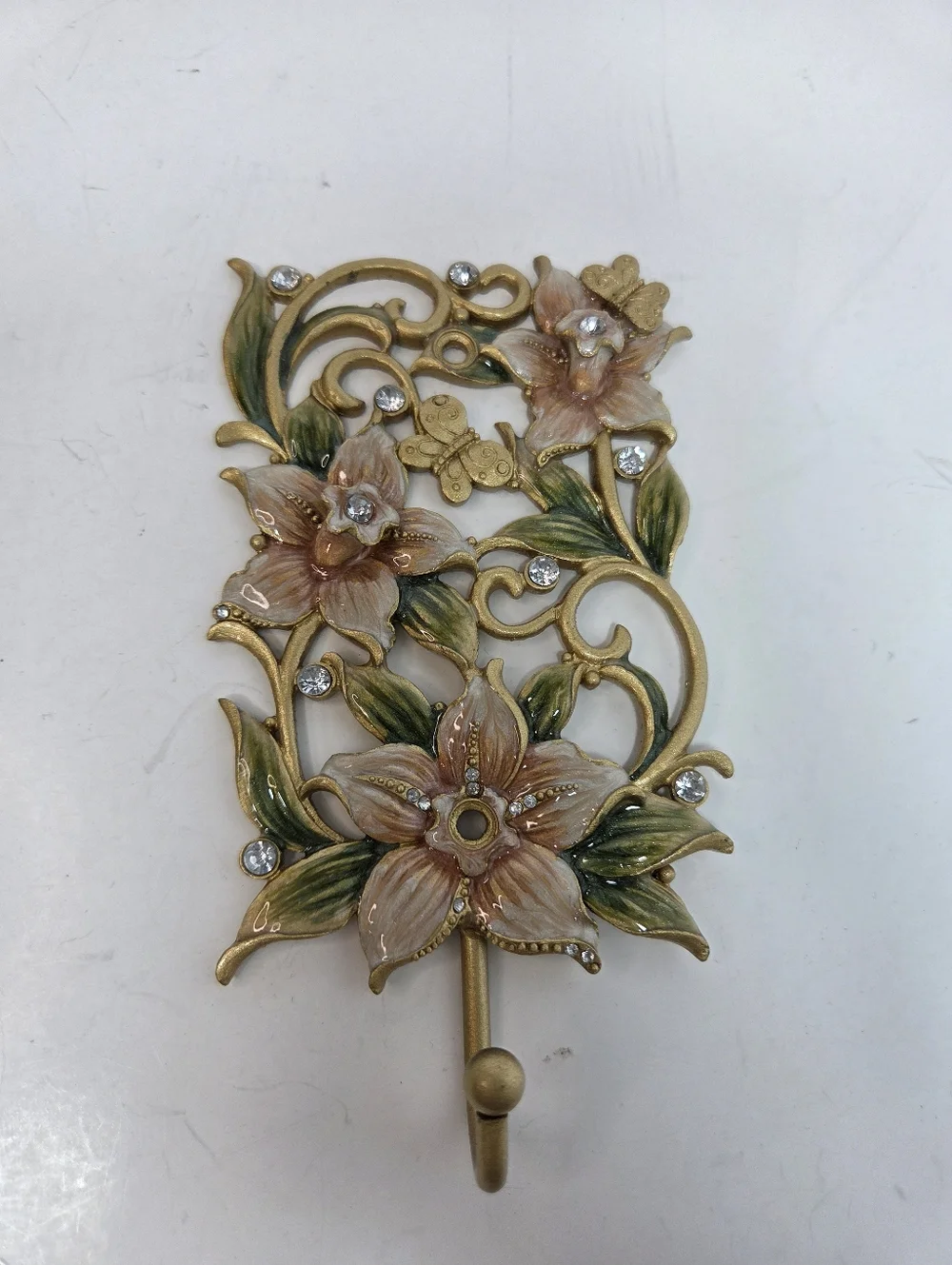 Floral Gold Wall Hook with Pink Blossoms Home decor Accent cottagecore metal